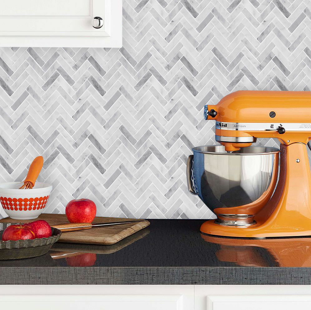 3D Peel & Stick Carrara White Gloss Herringbone Mosaic
