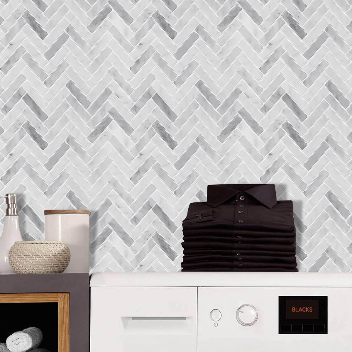 3D Peel & Stick Carrara White Gloss Herringbone Mosaic