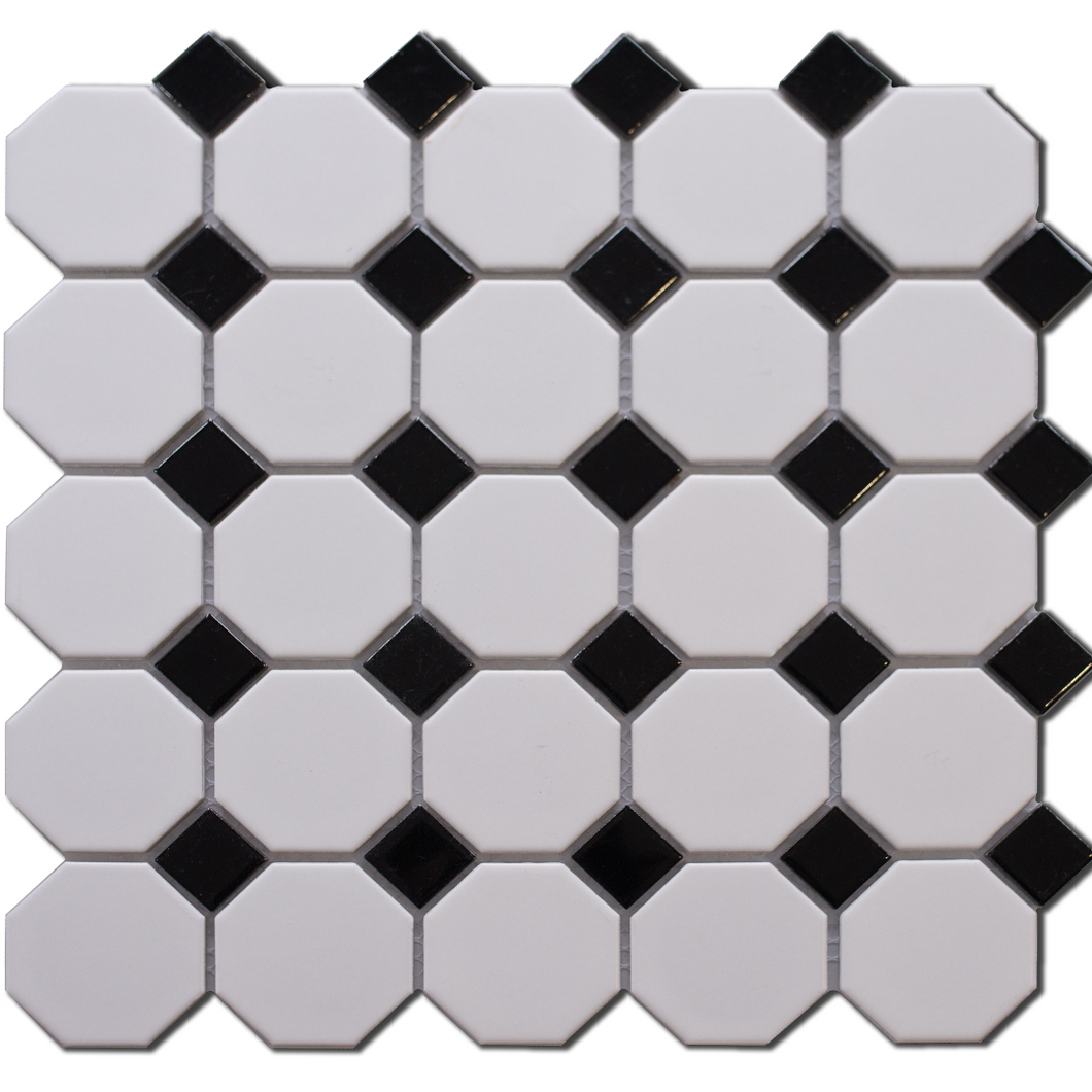 GS-CR004 White Matt Octagon with Black Gloss Insert Porcelain Mosaic Decor Sheets