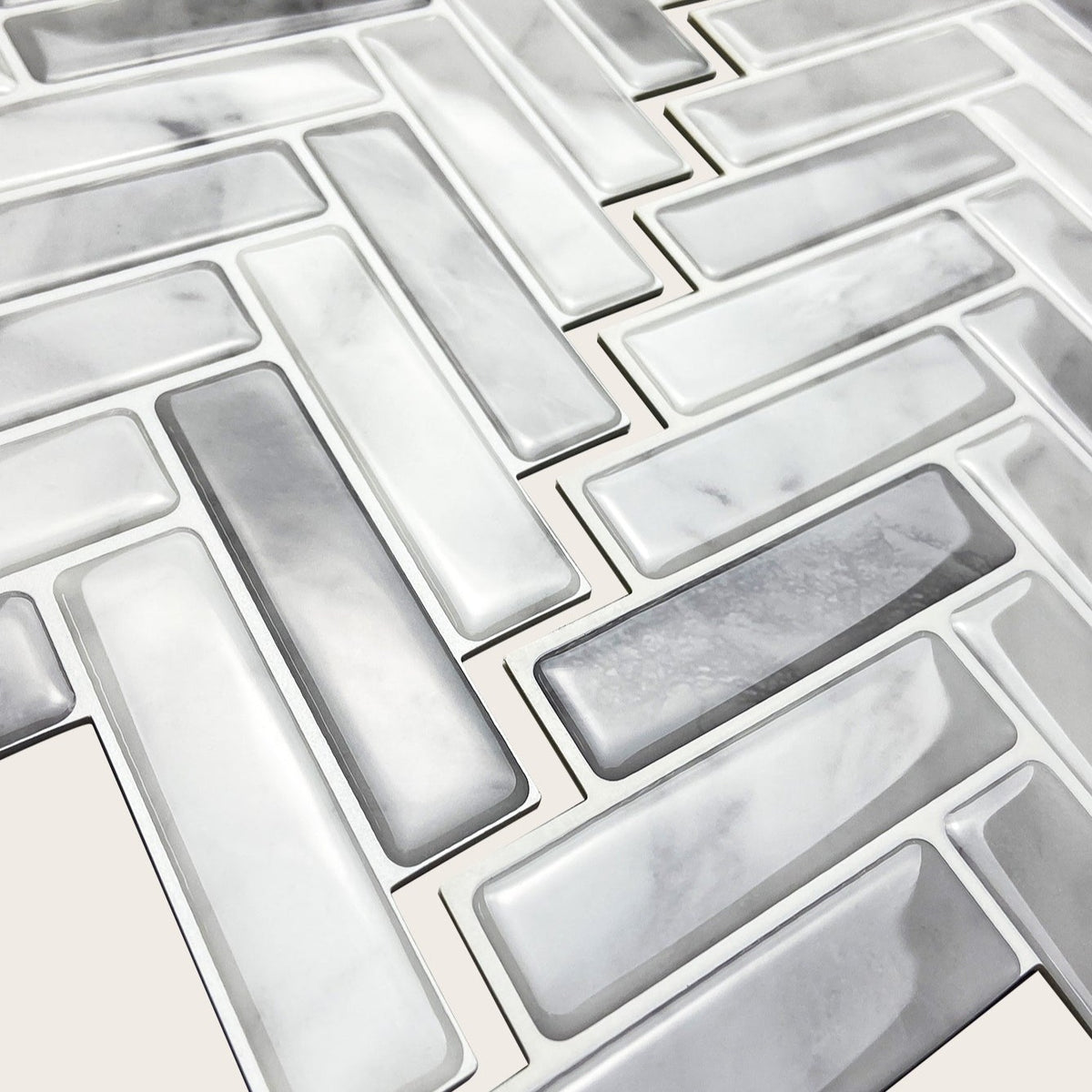 3D Peel & Stick Carrara White Gloss Herringbone Mosaic