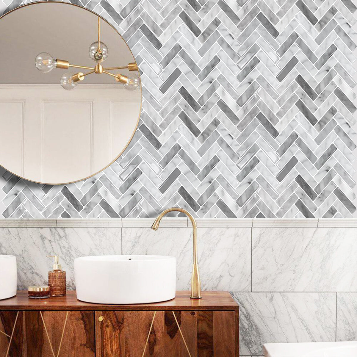 3D Peel & Stick Carrara White Gloss Herringbone Mosaic
